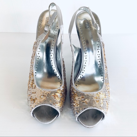 Betts Casino Silver Gold Sequin Peep Toe Slingback - Picture 6 of 16